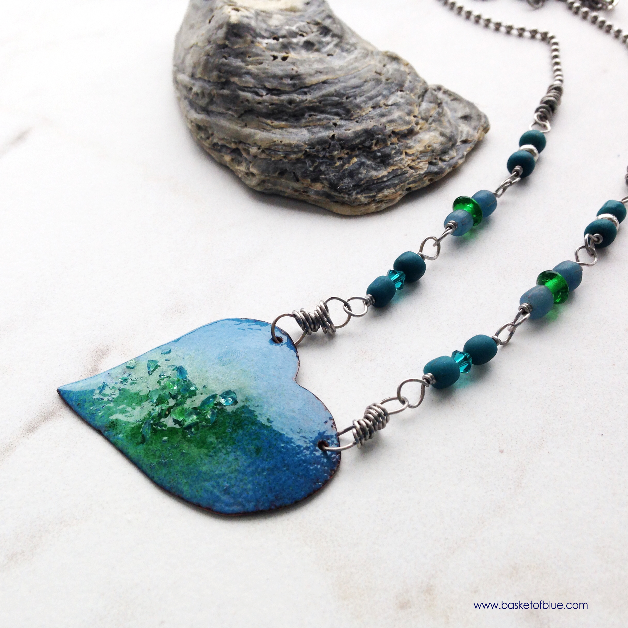 Copper Enamel Blue Green Heart Pendant Necklace Basket of Blue