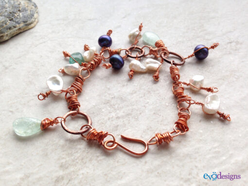 Copper Charm Dangle Pearl Aquamarine Apatite Bracelet