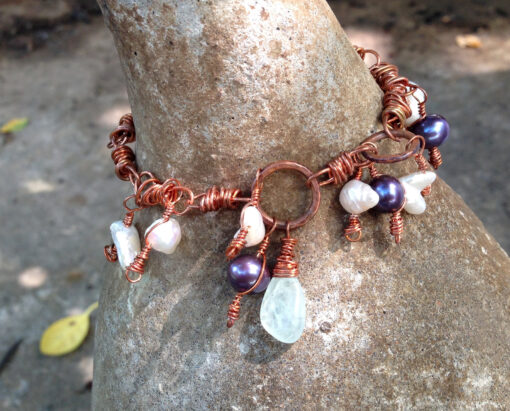 Copper Dangle Pearl Aquamarine Apatite Link Bracelet