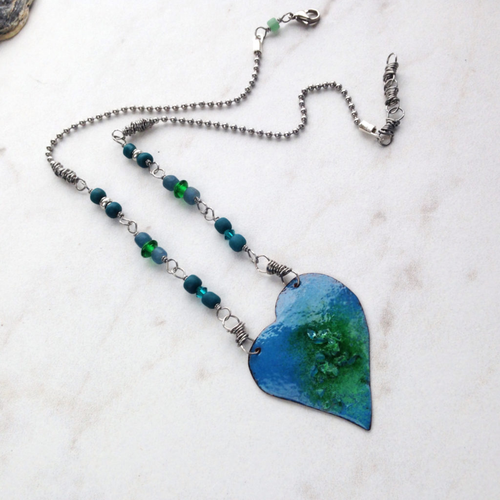 Copper Enamel Blue Green Heart Pendant Necklace Basket of Blue