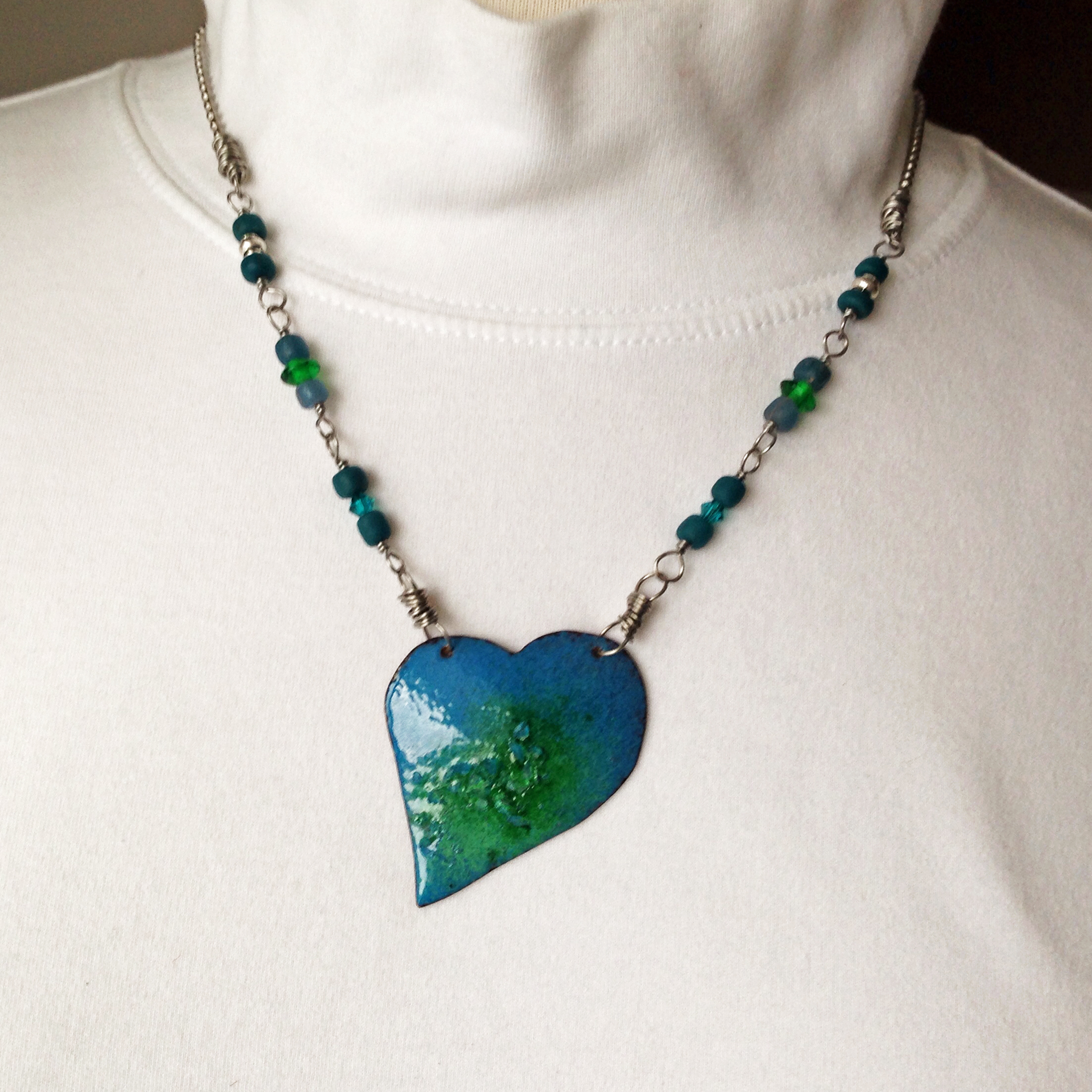 Copper Enamel Blue Green Heart Pendant Necklace Basket of Blue