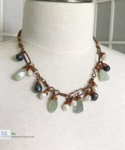 copper aquamarine pearl dangle necklace