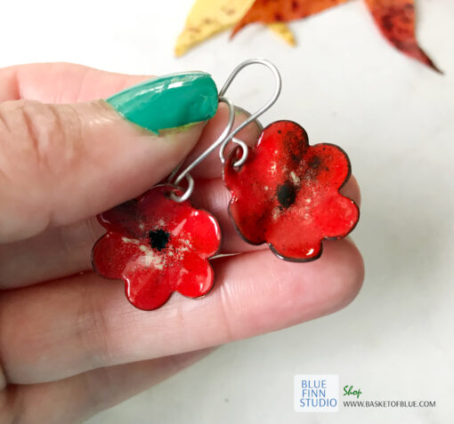 red enamel flower earrings