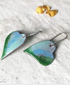 blue green enamel heart earrings