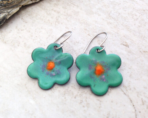 Green Flower Enameled Copper Earrings