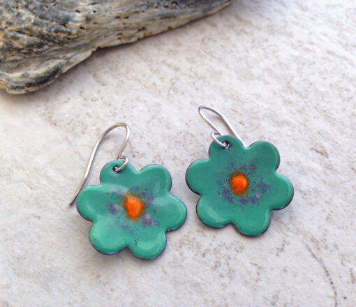 Green Flower Enameled Copper Earrings