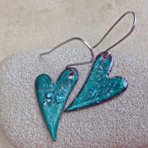 Green Heart Enamel Earrings, Torch Fired Copper - Basket of Blue