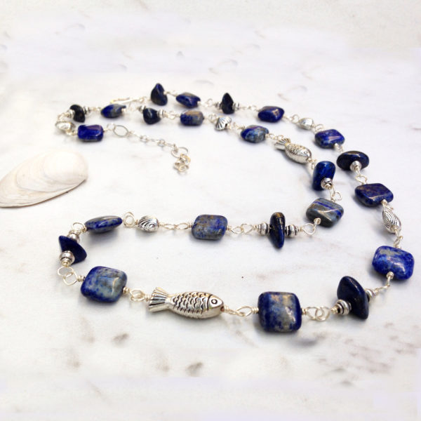 Long Blue Denim Lapis and Pewter Bead Necklace – Basket of Blue