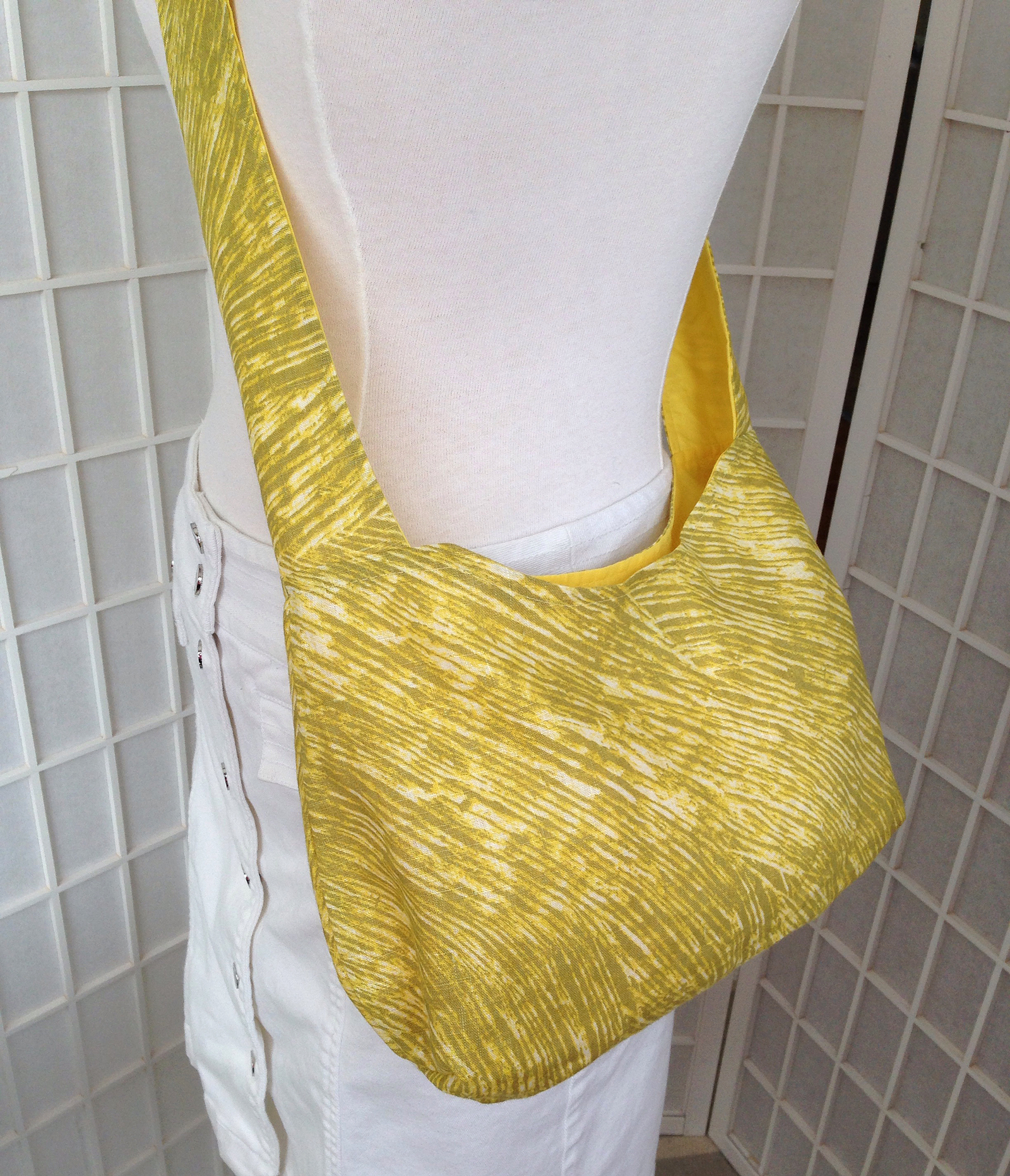 Marimekko Hobo Slouch Crossbody Bag Linen Yellow &quot;Villisika&quot; Fabric Shoulder Purse - Basket of Blue