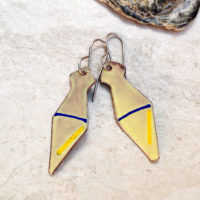Yellow Enameled Copper Earrings Geometric Tie Blue Line