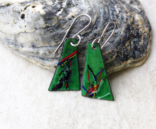 Green Painterly Multi Color Enameled Earrings