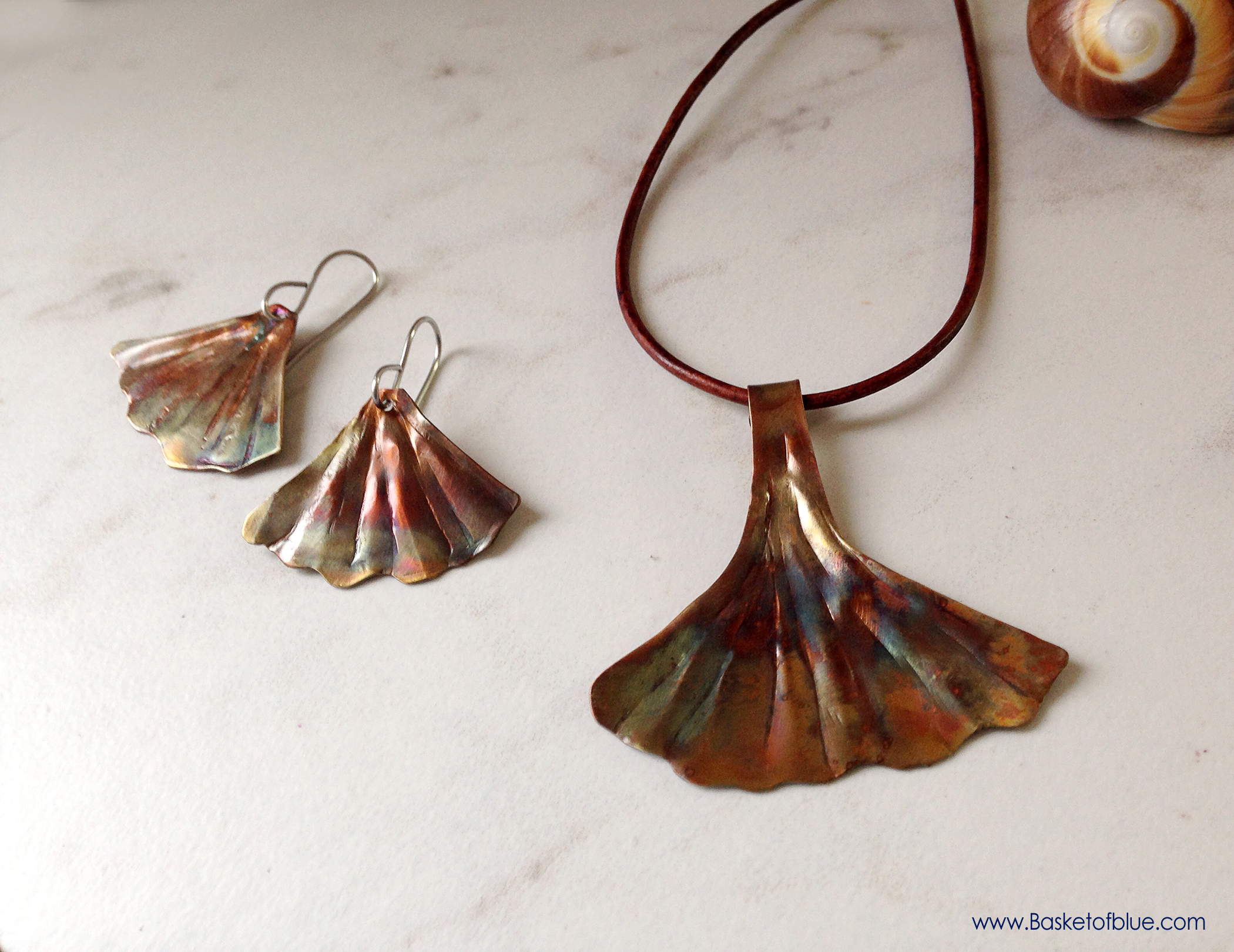 Ginkgo Leaf Jewelry Set Ginkgo Copper Necklace and Earrings Basket