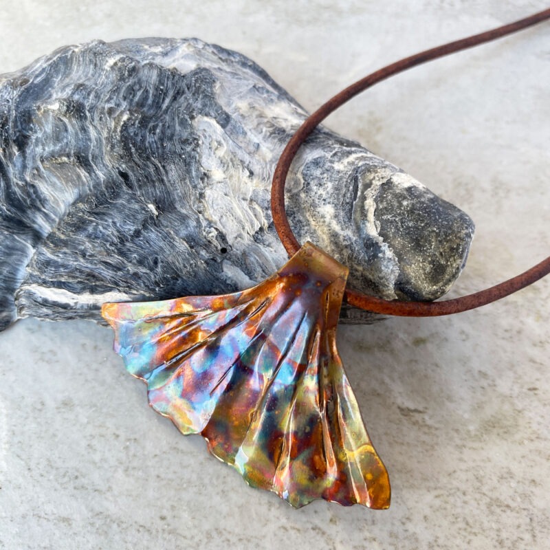 ginkgo leaf copper necklace- flame painted copper