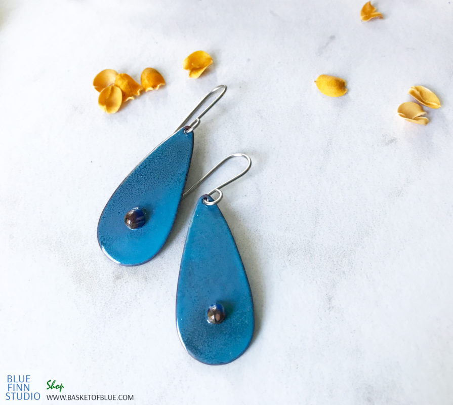 blue oval art enamel earrings