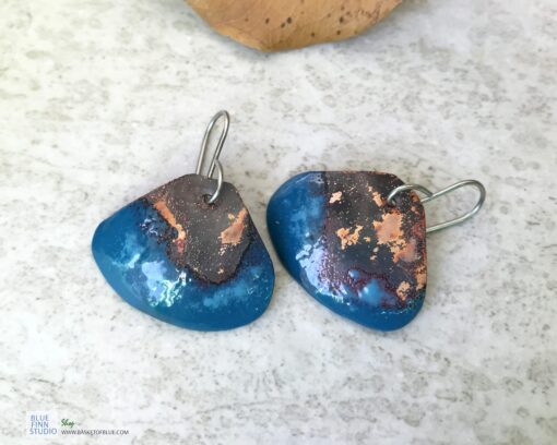 Rustic patina blue enamel shell earrings