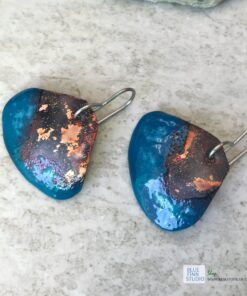 Rustic patina blue enamel shell earrings