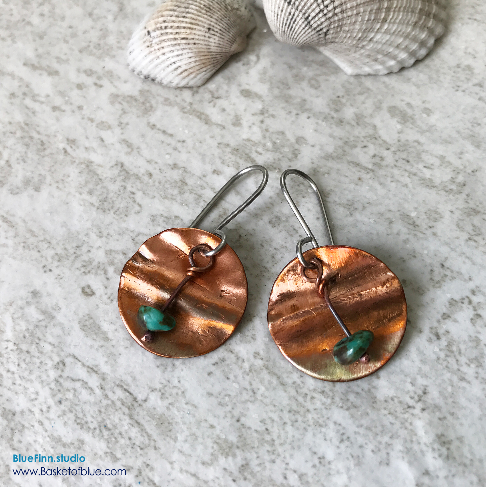 Copper Earrings Fold Formed Flamed Disc with Turquoise Basket of Blue
