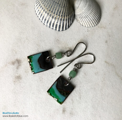 green enamel rustic dangle earrings
