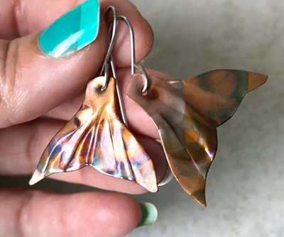Mermaid tail flame painted copper earrings