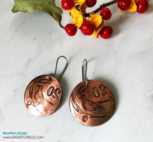 Copper Coin Bird on a Wire Earrings