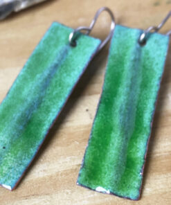 Green rectangle enamel earrings fold formed copper