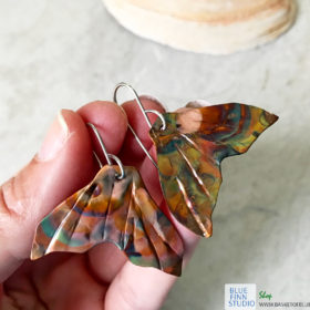 mermaid whale tail flame painted copper earrings