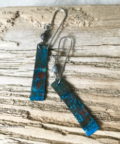 blue copper patina strip earrings with dumortierite
