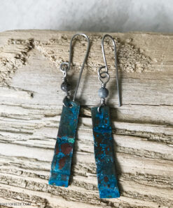 long geometric blue copper patina earrings with dumortierite