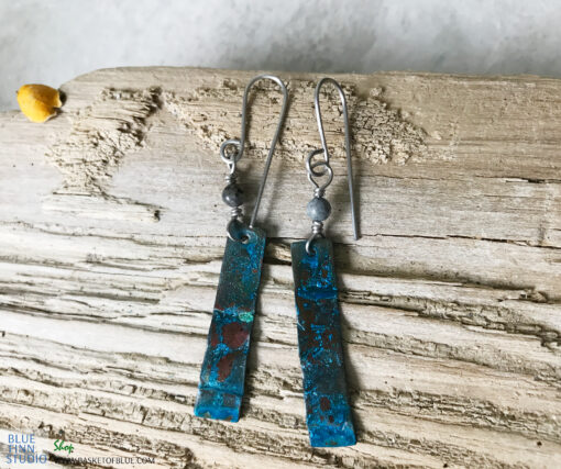 long geometric blue copper patina earrings with dumortierite