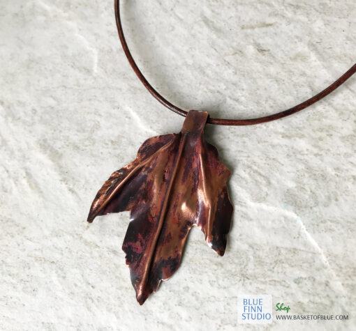copper leaf necklace handcrafted torch patina
