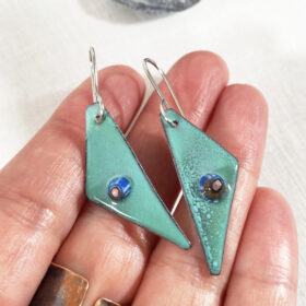 seafoam green enameled copper geometric triangle earrings with murrini glass