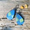 blue green checkers geometric oval earrings