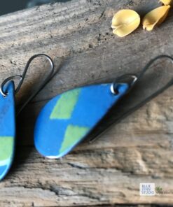 blue green checkers geometric oval earrings