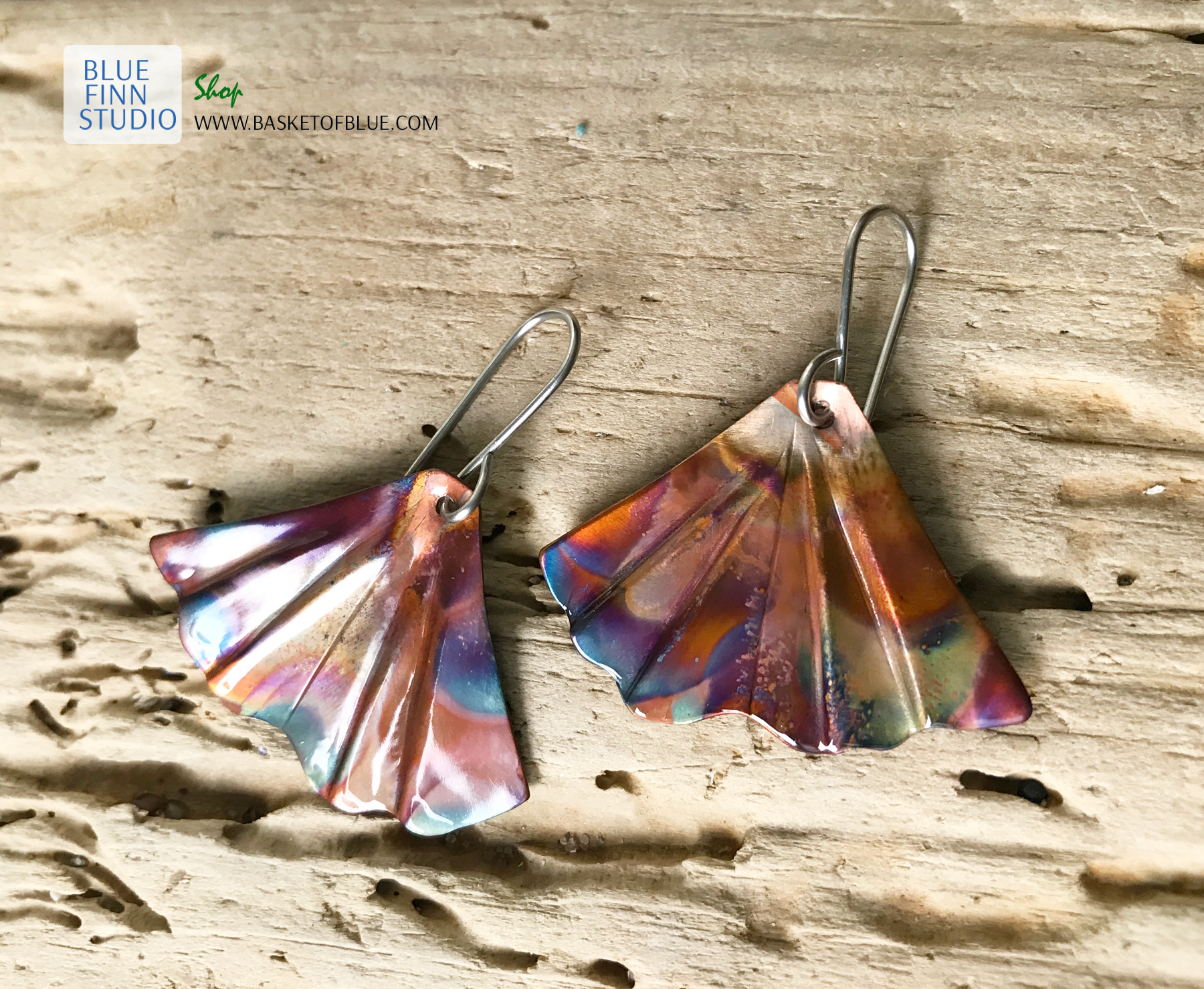Copper Ginkgo Leaf Flame Painted Earrings Basket of Blue
