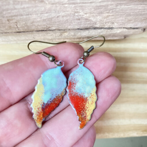 colorful copper enamel leaf earrings