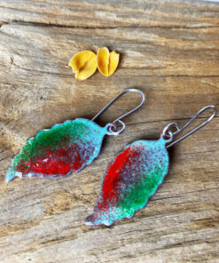 copper enamel leaf green and red leaf rustic artisan jewelry