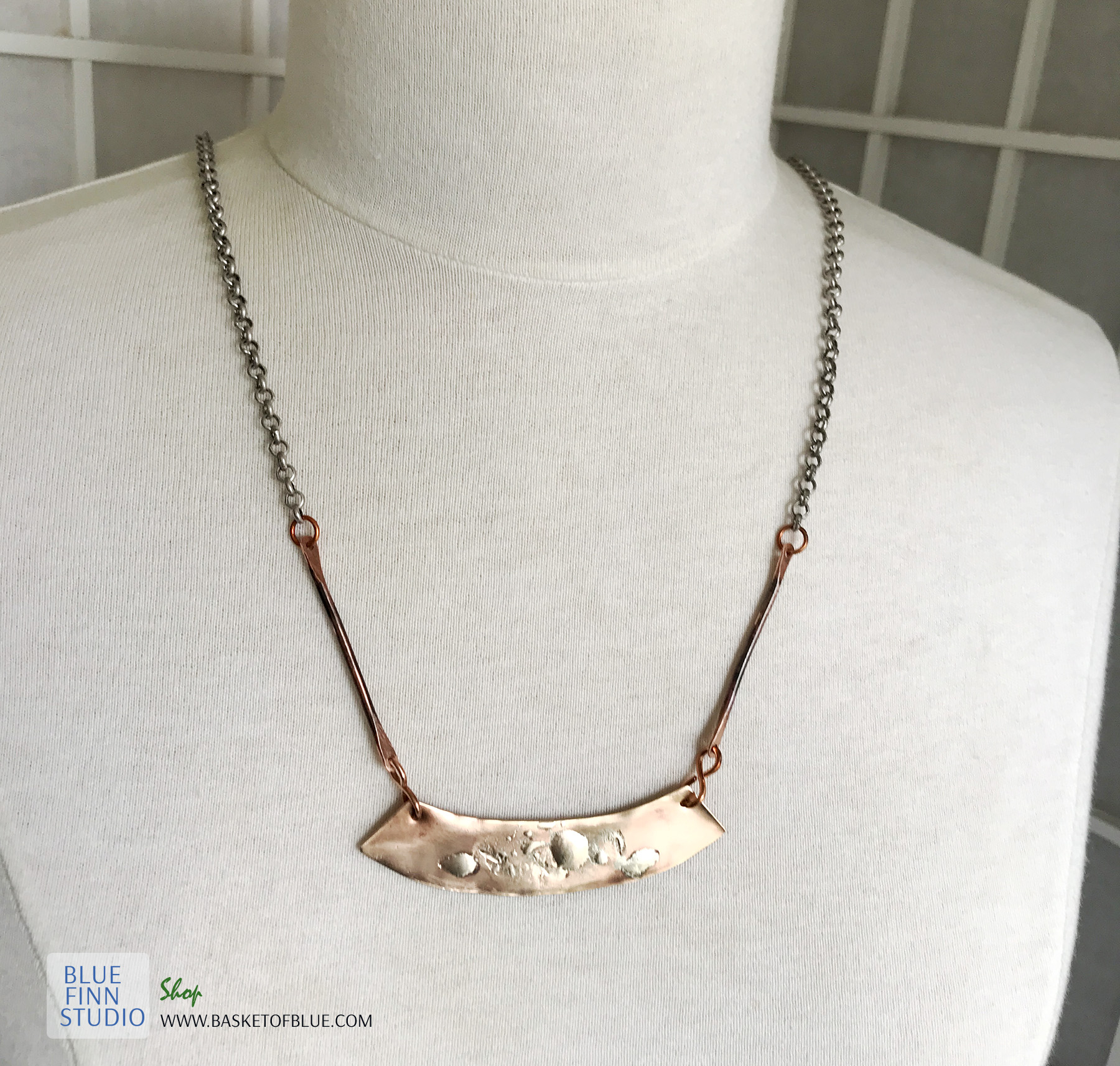 Bronze Bar Necklace with Fused Sterling Silver Basket of Blue