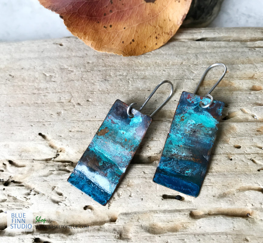 blue patina rectangle earrings