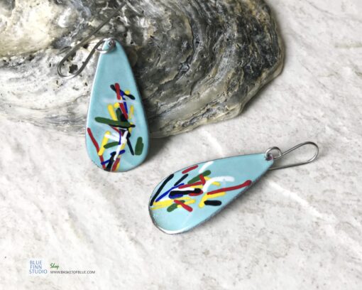 aqua blue color art enamel oval earrings