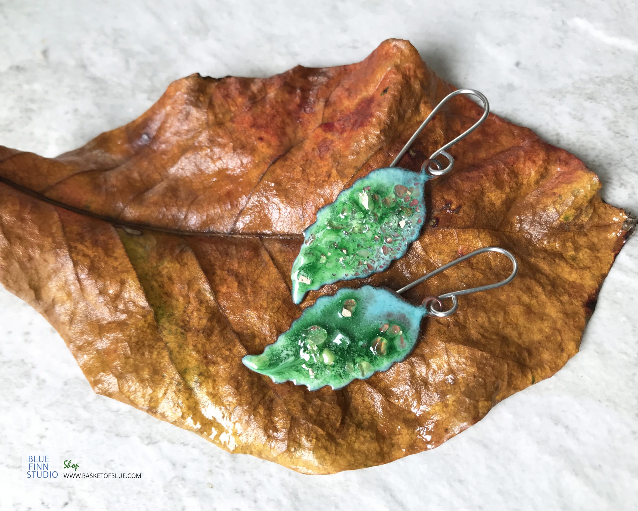 Green Copper Leaf Enamel Earrings Basket of Blue