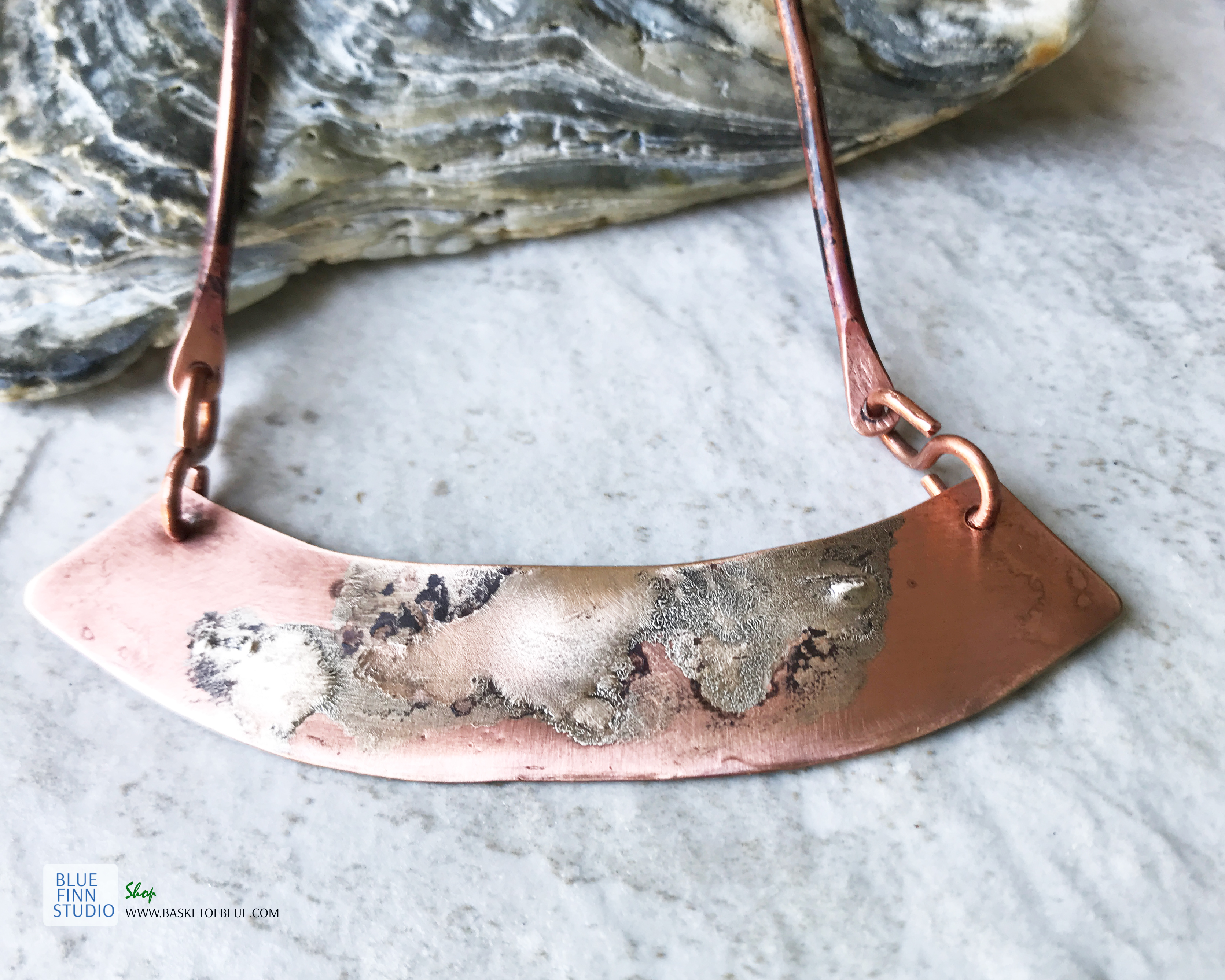 Bronze Bar Necklace with Fused Sterling Silver Basket of Blue