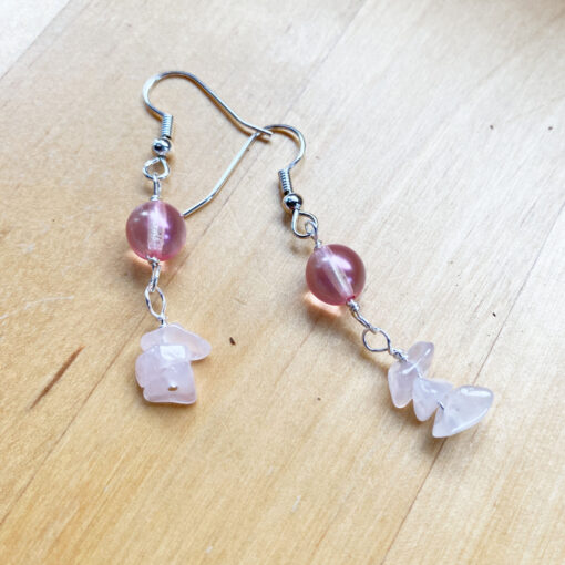 pink rose quartz bead earrings