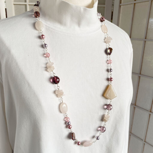 pink rose quartz beaded necklace