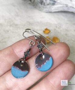 blue round dangle enameled copper earrings