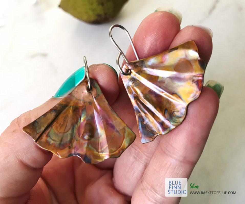 ginkgo leaf earrings flame painted copper