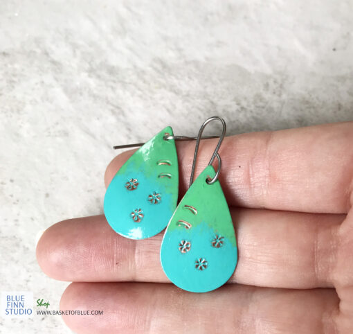 blue green hand painted oval earrings