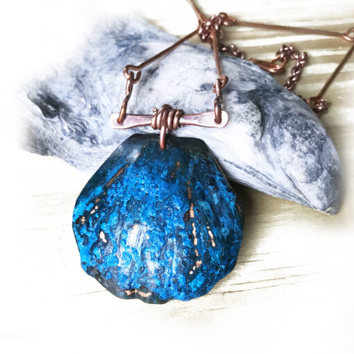 copper blue patina shell necklace