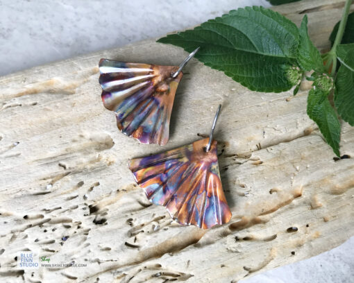 ginkgo leaf flamed copper earrings