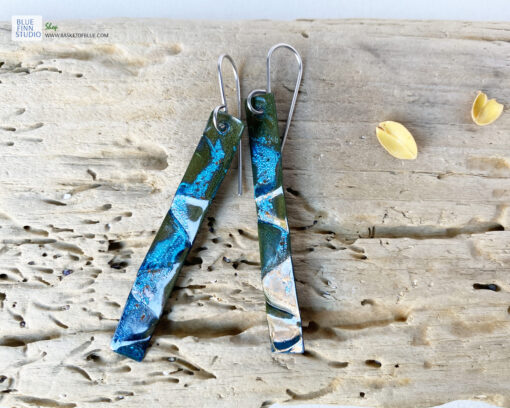 long blue patina copper earrings