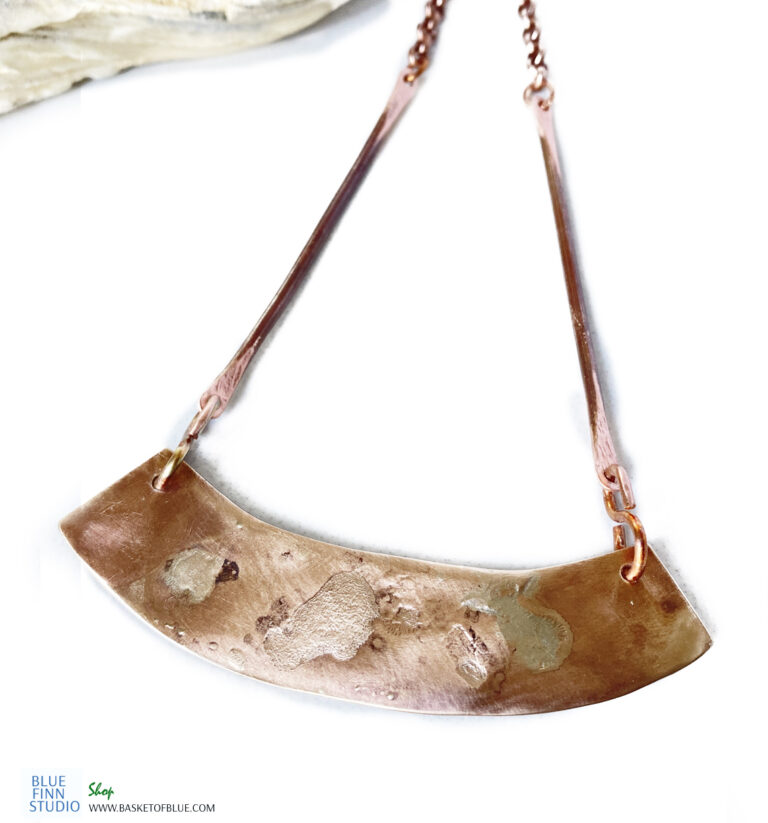 Bronze Bar Necklace with Fused Sterling Silver Basket of Blue